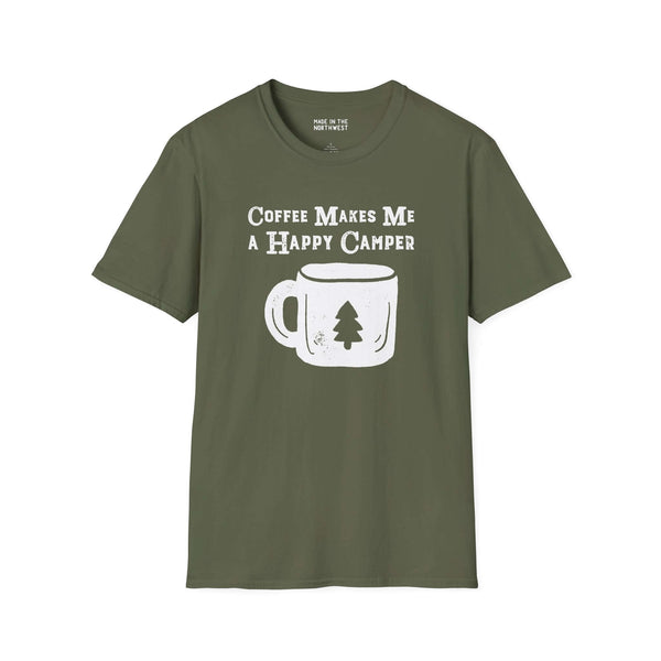 Coffee Makes Me a Happy Camper olive green softstyle t-shirt featuring a coffee cup design.