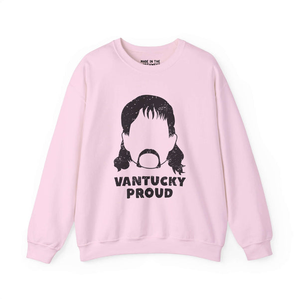 Pink Rusty McCoy sweatshirt with 'Vantucky Proud' design showcasing local pride and resilience.