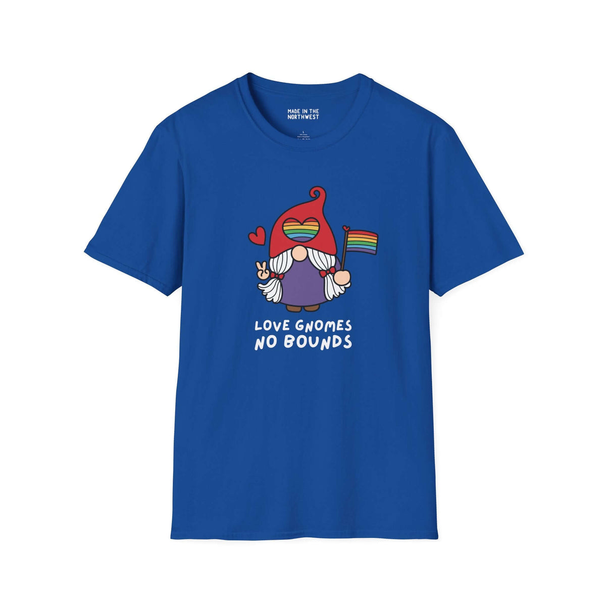 Blue t-shirt featuring a gnome with a rainbow flag and the text 'Love Gnomes No Bounds', celebrating love and inclusivity.