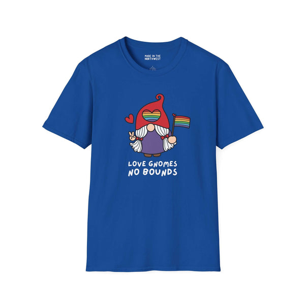 Blue t-shirt featuring a gnome with a rainbow flag and the text 'Love Gnomes No Bounds', celebrating love and inclusivity.