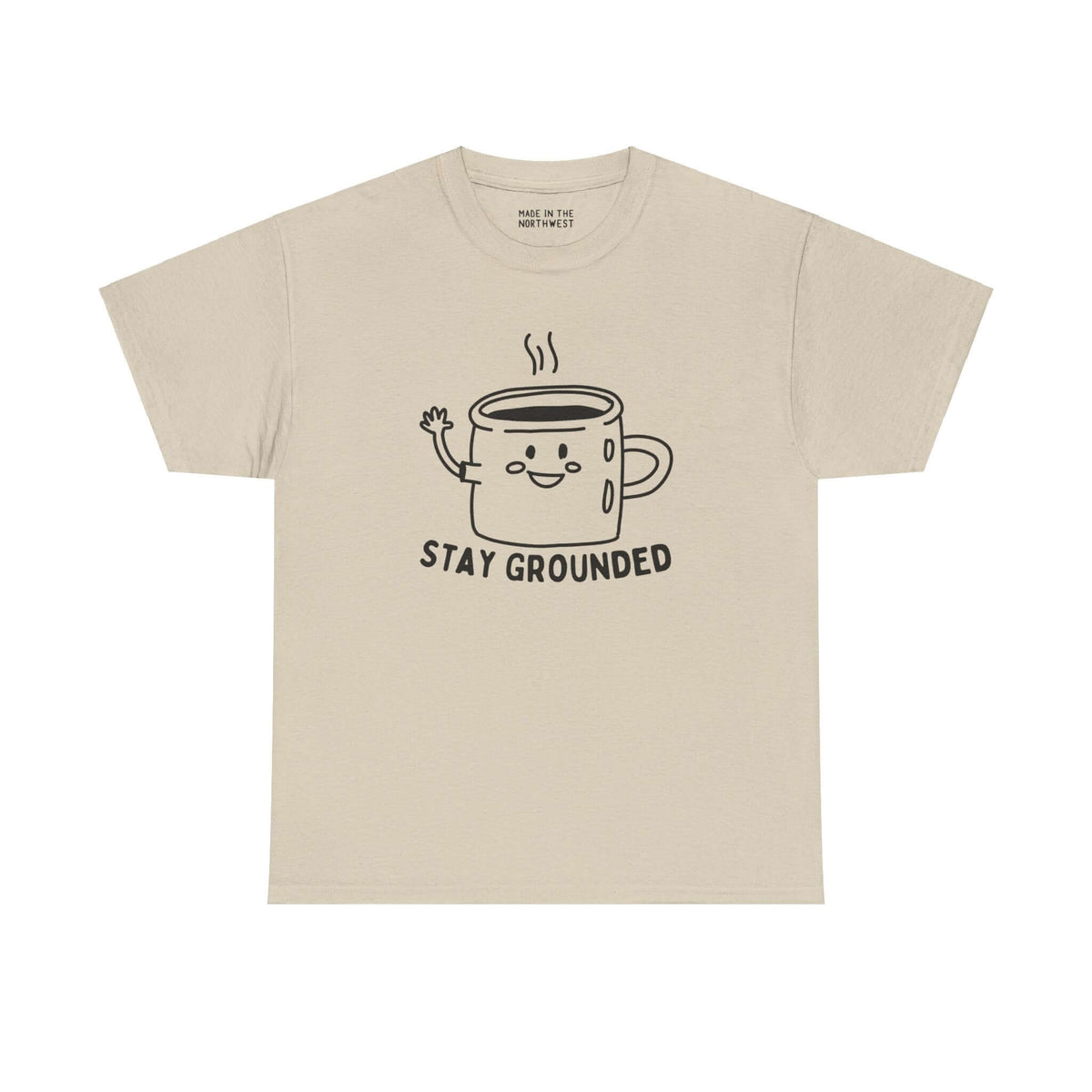 "Stay Grounded and Caffeinated Athletic Tee with coffee mug illustration waving hello on beige fabric"