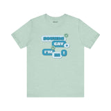 Sounds Gay I'm In! premium soft tee in mint green, featuring playful text and smiley faces for inclusive pride apparel.