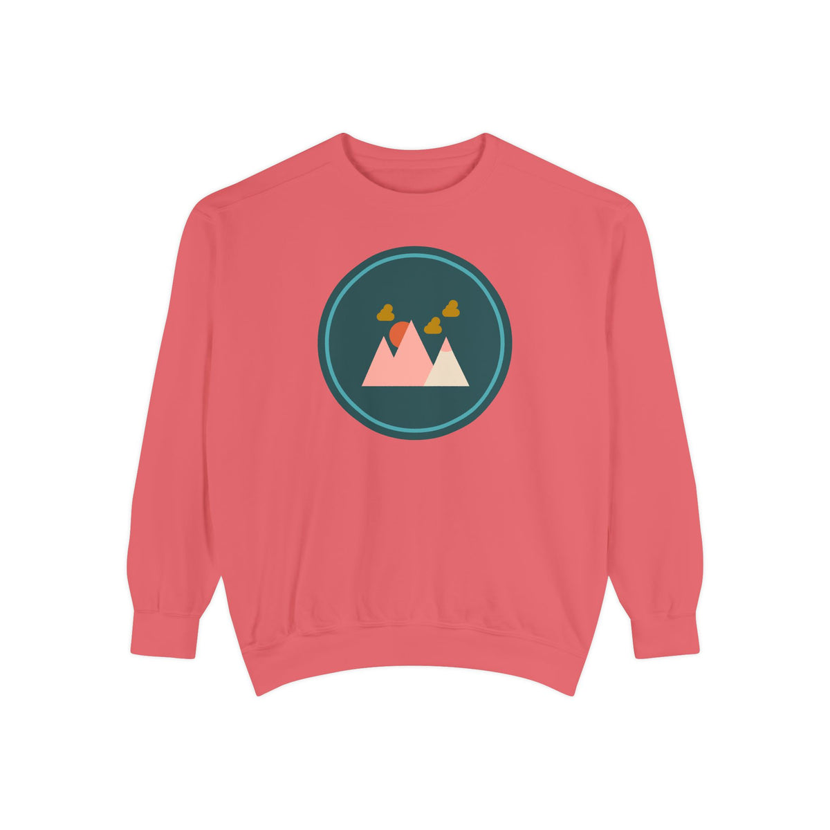 Minimalist Forest in a Northwest Style Garment Dyed Relaxed Sweatshirt with mountain graphic in a circular design.