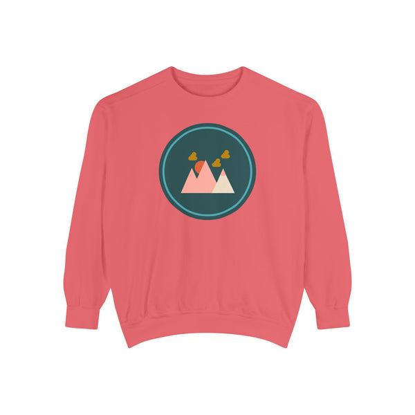 Minimalist Forest in a Northwest Style Garment Dyed Relaxed Sweatshirt with mountain graphic in a circular design.