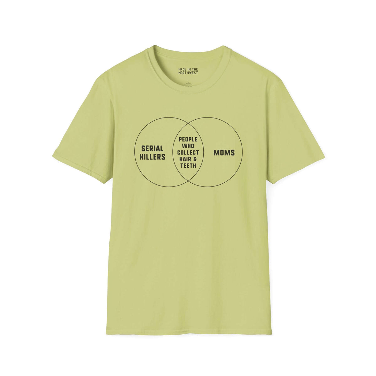 Serial Killers + Moms Venn Diagram Softstyle T-Shirt in light green, humorous design for true crime fans and parents.