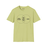 Serial Killers + Moms Venn Diagram Softstyle T-Shirt in light green, humorous design for true crime fans and parents.