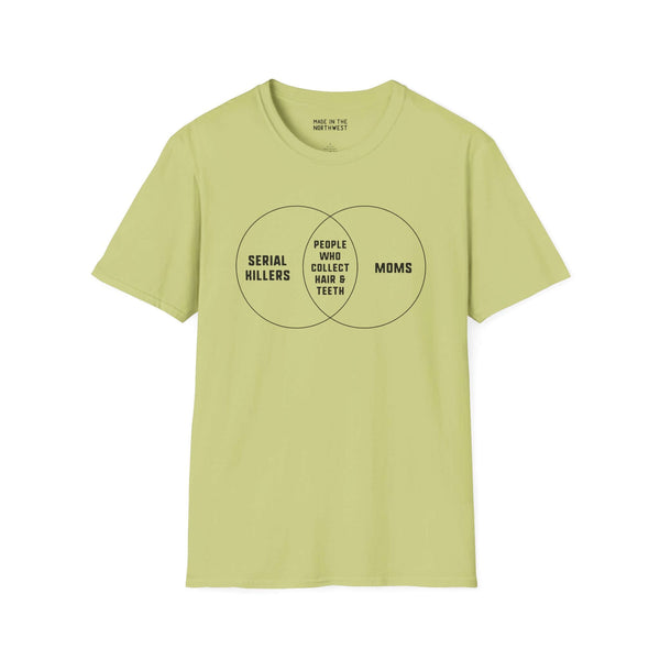 Serial Killers + Moms Venn Diagram Softstyle T-Shirt in light green, humorous design for true crime fans and parents.