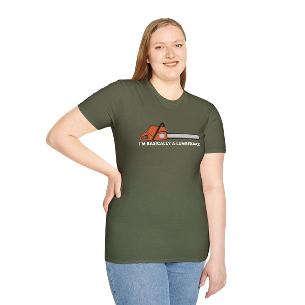 Woman wearing an olive green t-shirt with chainsaw graphic and text 'I'm Basically a Lumberjack'.