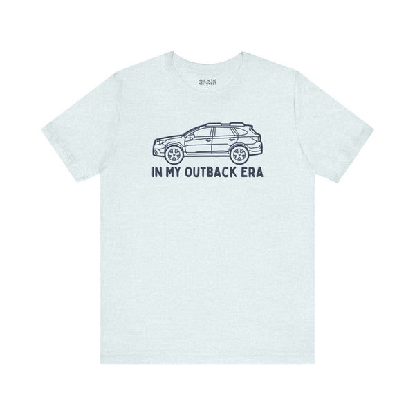 Premium soft tee featuring Subaru Outback design, text 'In My Outback Era', perfect for car lovers and PNW enthusiasts.