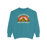 Leave the Road Take the Trails Sweatshirt featuring a mountain design and vibrant colors for outdoor enthusiasts.