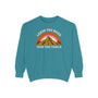 Leave the Road Take the Trails Sweatshirt featuring a mountain design and vibrant colors for outdoor enthusiasts.