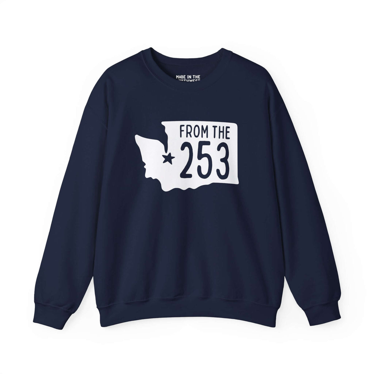 "From the 253 sweatshirt with Washington state silhouette and Tacoma star marking, showcasing local pride in navy blue."