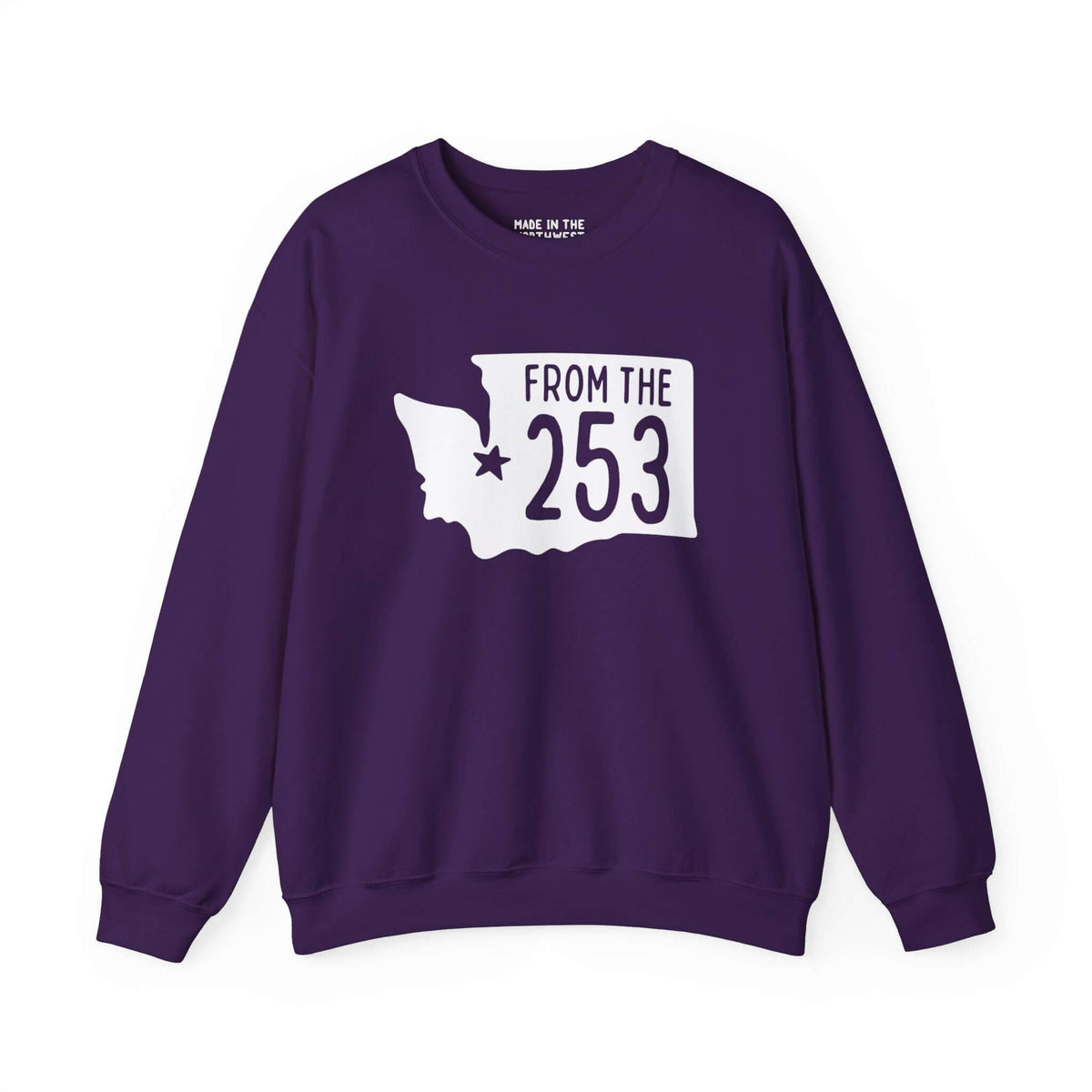 Purple sweatshirt with "From the 253" design, featuring Washington state silhouette and Tacoma star. Represent Tacoma with pride.