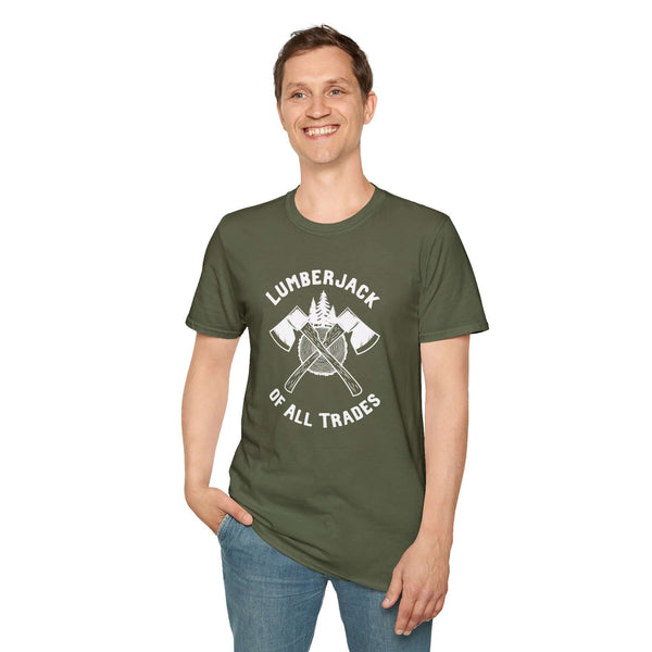 Man wearing a Lumberjack of All Trades softstyle t-shirt in olive green, showcasing tools and rugged design.
