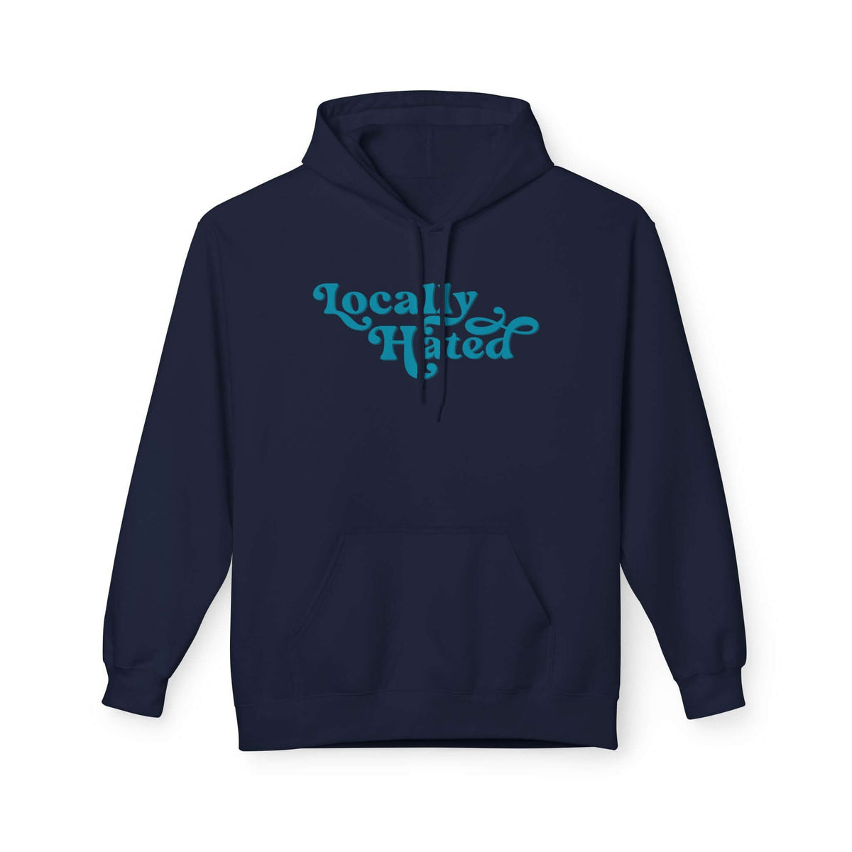 Locally Hated hoodie in navy featuring cheeky retro script design for comfortable style.