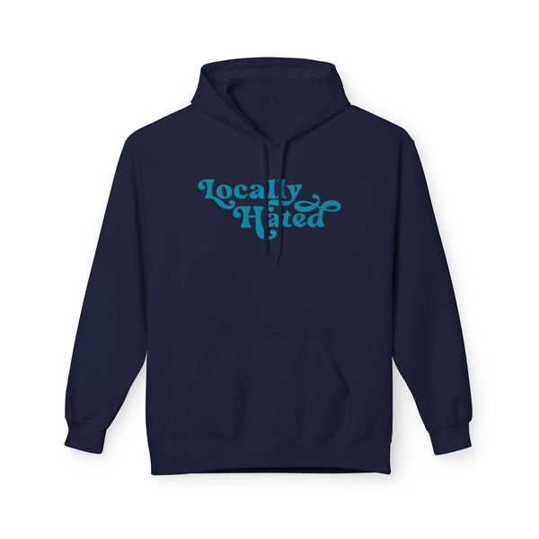Locally Hated hoodie in navy featuring cheeky retro script design for comfortable style.