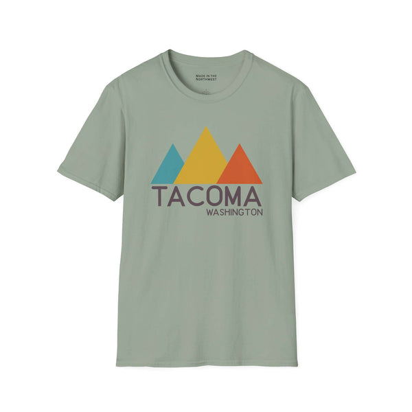 Modern Peaks Tacoma T Shirt featuring minimalist mountain design in modern colors.