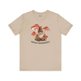 Proud Gnomebody soft tee featuring a gnome surrounded by mushrooms, perfect for cozy homebody lounging.