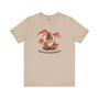 Proud Gnomebody soft tee featuring a gnome surrounded by mushrooms, perfect for cozy homebody lounging.