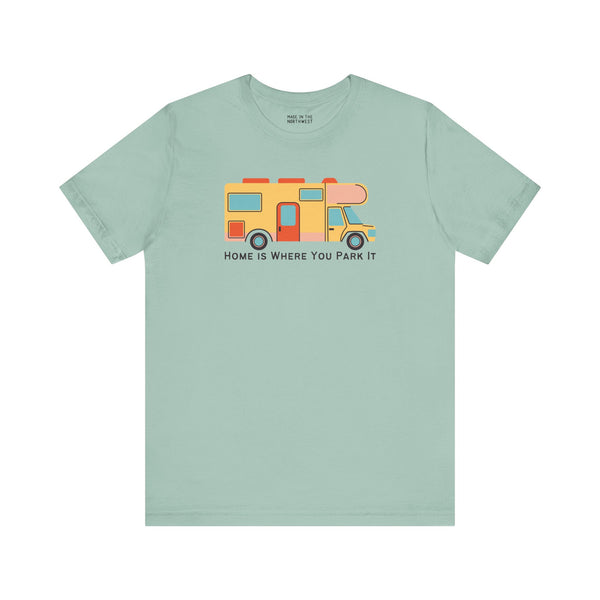 Home Is Where You Park It Premium Soft Tee with RV graphic, ideal for van lifers and adventurers.