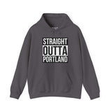 Straight Outta Portland hoodie in gray, featuring bold white text design, perfect for showcasing city pride with classic streetwear style.