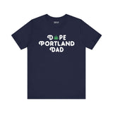 Dope Portland Dad Soft Tee with marijuana leaf design, navy blue color, perfect for cool dads embracing the vibrant spirit of the city.