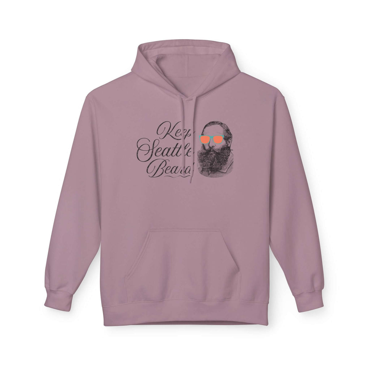 Keep Seattle Beard Hoodie in mauve with a vintage-style bearded design and funky shades.