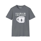 Gray softstyle t-shirt featuring 'Coffee Makes Me a Happy Camper' slogan and mug graphic, perfect for outdoor coffee lovers.