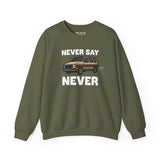 Never Say Never vintage 80s van sweatshirt featuring a classic Dodge Caravan graphic in olive green.