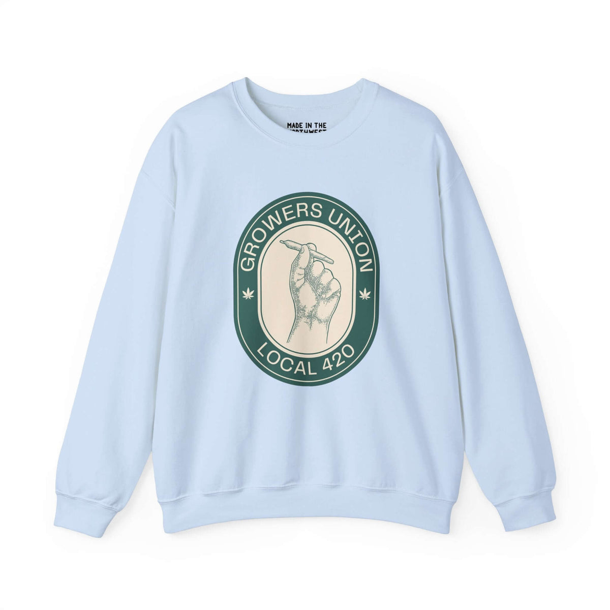 Grower's Union Local 420 sweatshirt with hand holding joint illustration on light blue fabric, celebrating 420 culture.