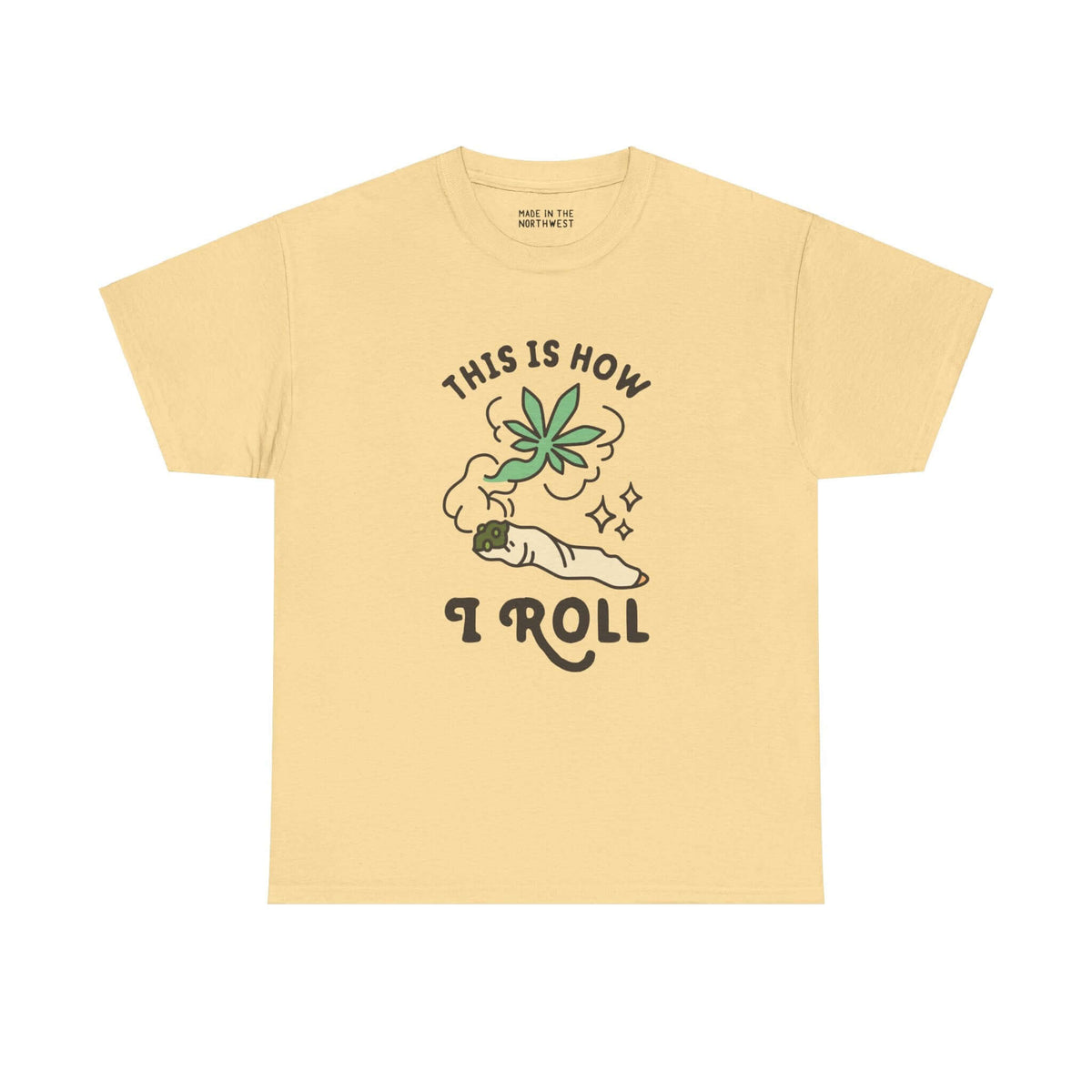 "This is How I Roll tee with marijuana joint graphic on yellow shirt for laid-back style and good vibes"