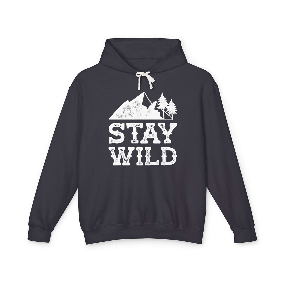 Stay Wild hoodie featuring mountains and trees graphic on a black sweatshirt.