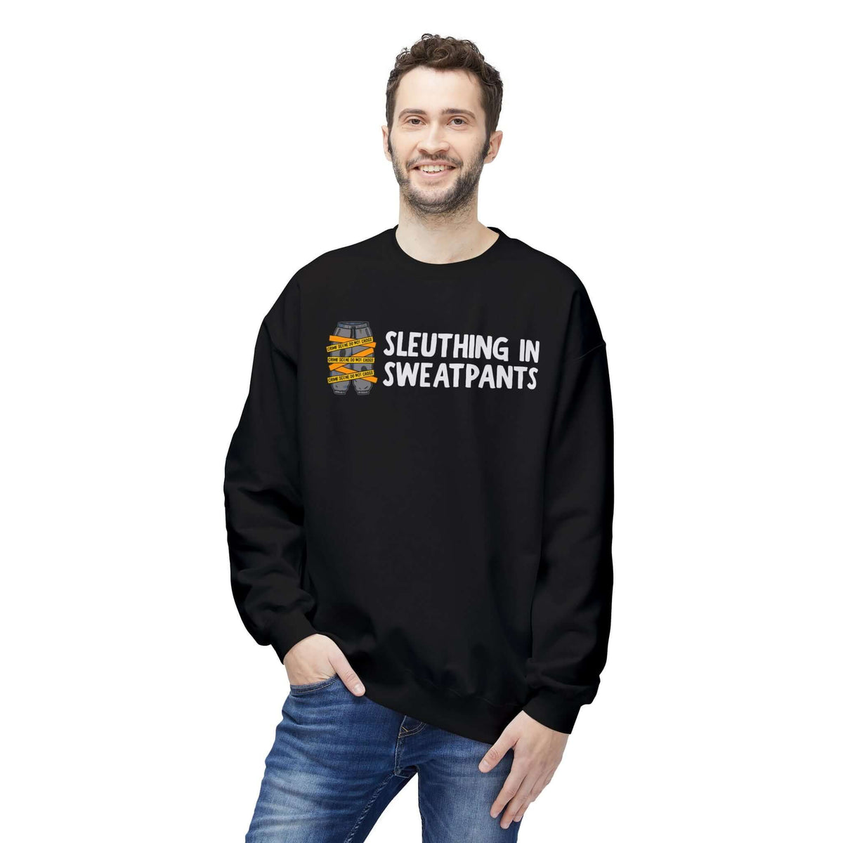 Sleuthing in Sweatpants Sweatshirt displayed on a model, featuring a relaxed fit and cozy design for true crime enthusiasts.