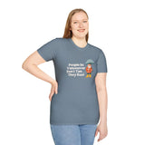 Model wearing 'People in Vancouver Don't Tan, They Rust' t-shirt with gnome and umbrella design.