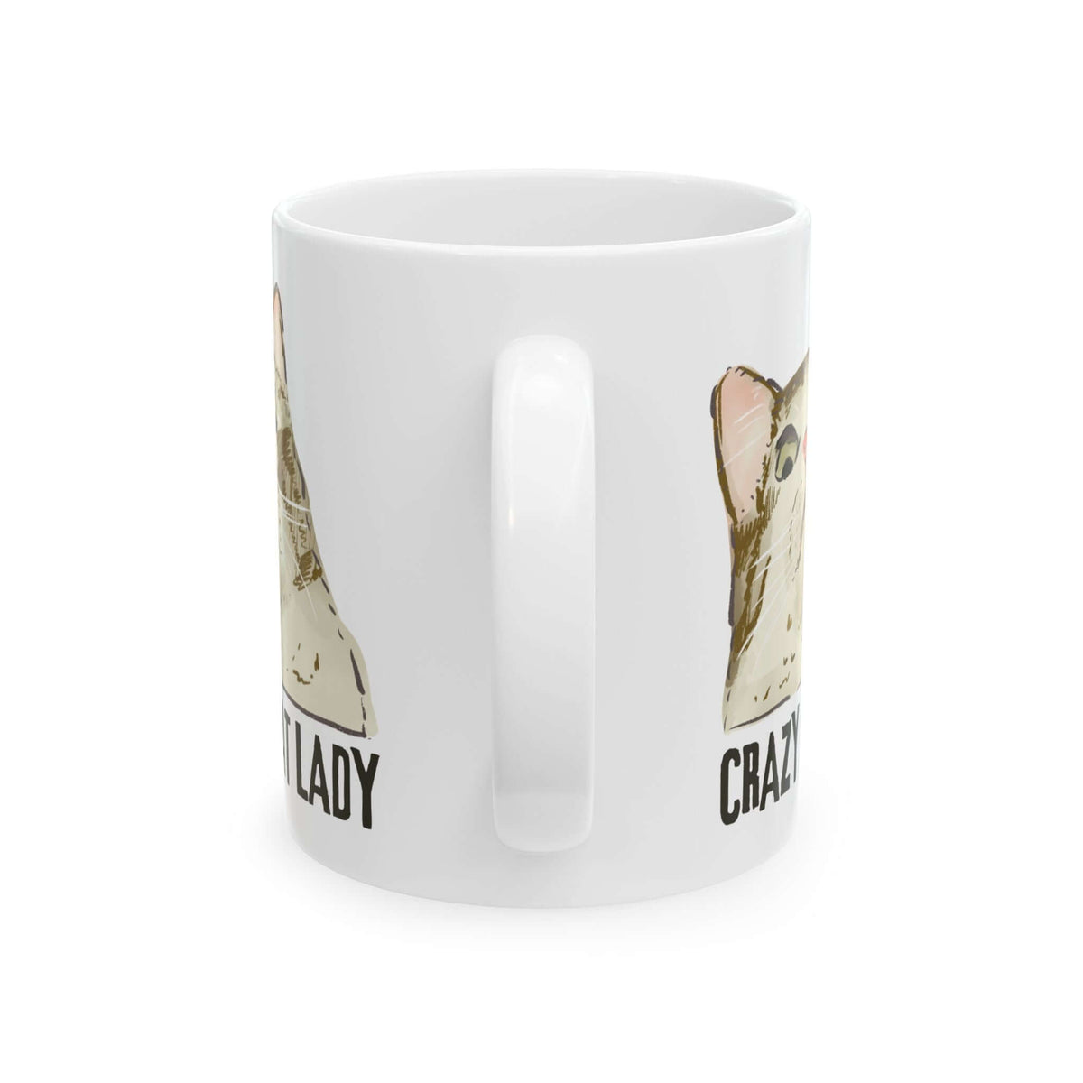 Crazy Cat Lady Mug featuring a hand-drawn cat portrait and playful lettering design.