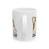 Crazy Cat Lady Mug featuring a hand-drawn cat portrait and playful lettering design.