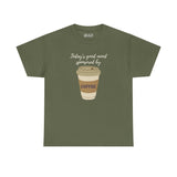 Olive green athletic tee with 'Today's good mood sponsored by coffee' and coffee cup graphic.