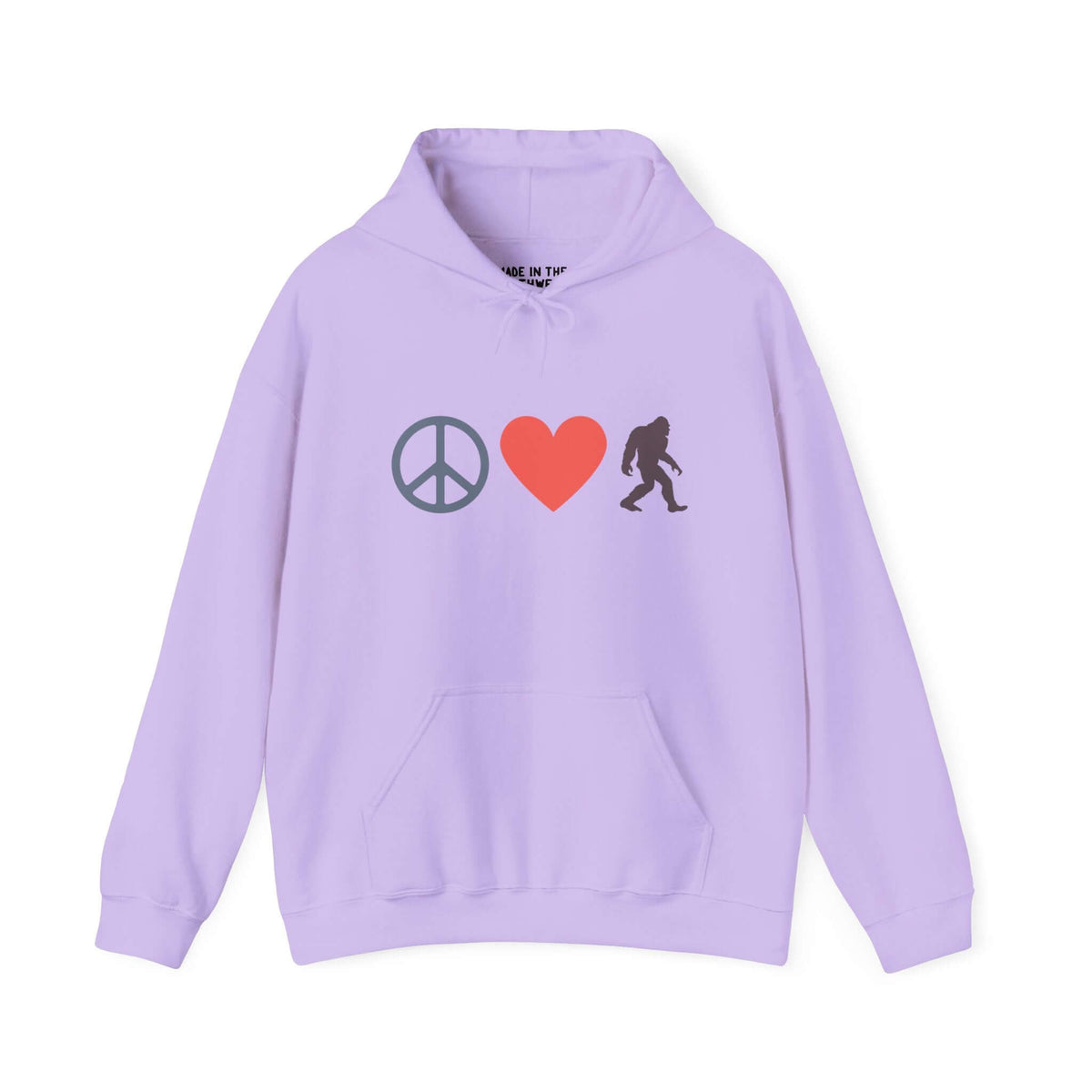 Purple hoodie featuring peace sign, love heart, and Bigfoot silhouette for a fun, groovy vibe.