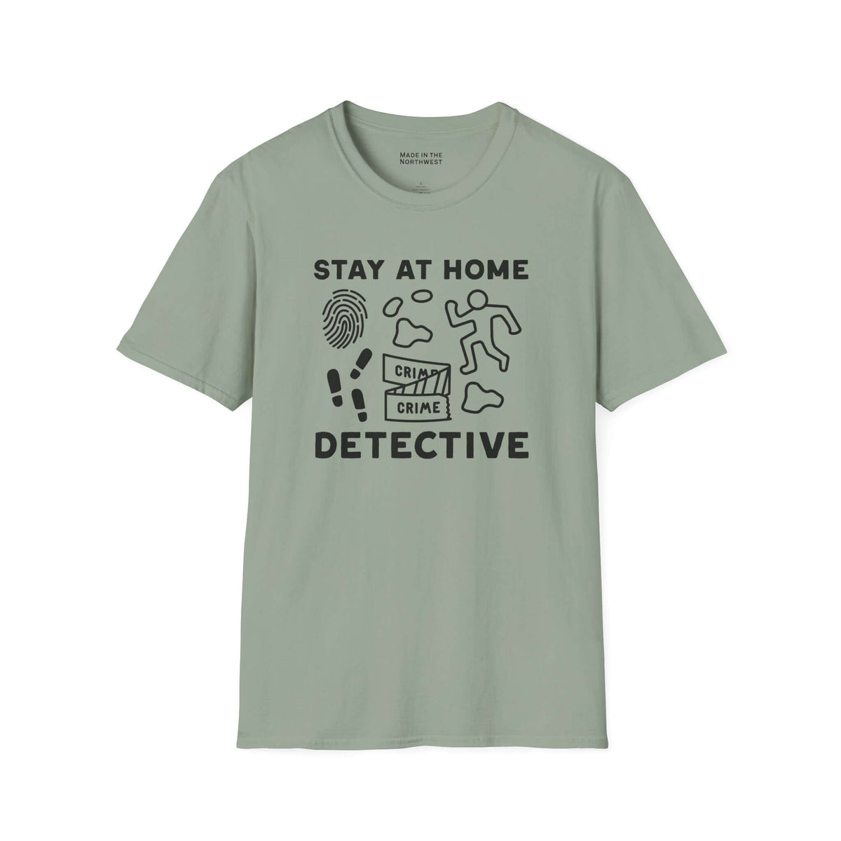 Stay at Home Detective T Shirt featuring crime scene graphics and playful text design.