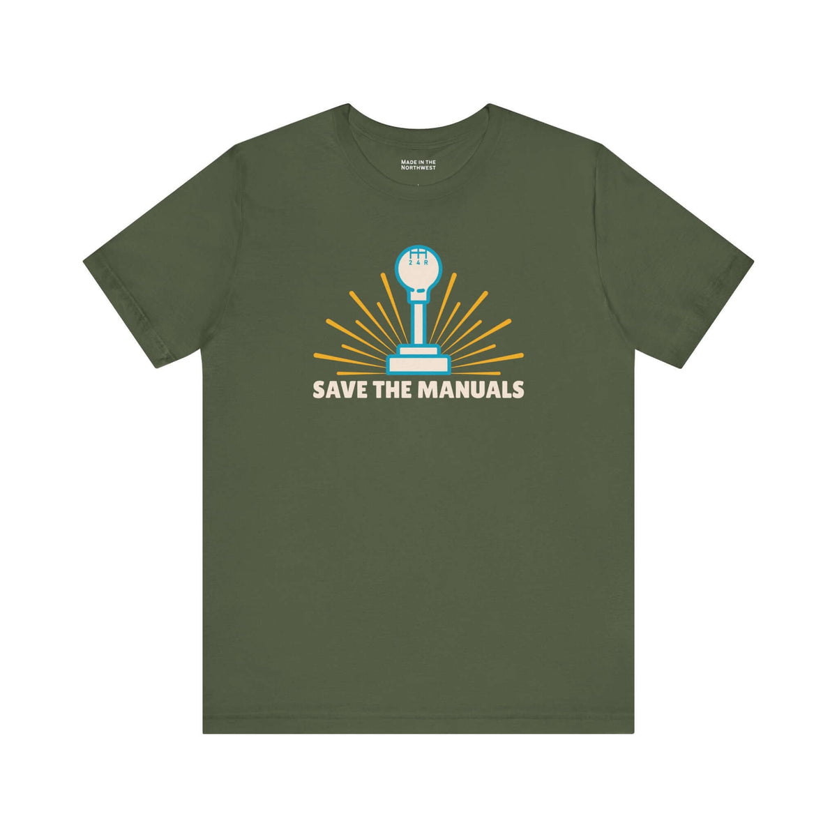 Save the Manuals T Shirt featuring a gearshift graphic on an olive green tee, perfect for car enthusiasts.