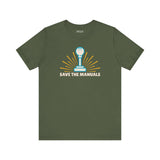 Save the Manuals T Shirt featuring a gearshift graphic on an olive green tee, perfect for car enthusiasts.