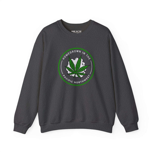 Homegrown Vibes sweatshirt featuring a marijuana leaf and smoke, celebrating PNW lifestyle and good vibes.