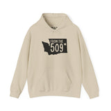 From the 509 Spokane cozy hoodie featuring Washington state silhouette and star marking Spokane.