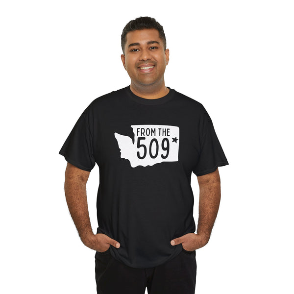Man wearing a black From the 509 Washington State Athletic Tee featuring Spokane design.