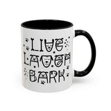Live Laugh Bark Mug featuring playful design with paw prints, perfect for dog lovers and coffee enthusiasts.