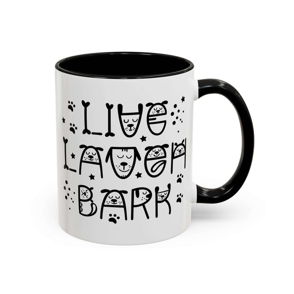 Live Laugh Bark Mug featuring playful design with paw prints, perfect for dog lovers and coffee enthusiasts.