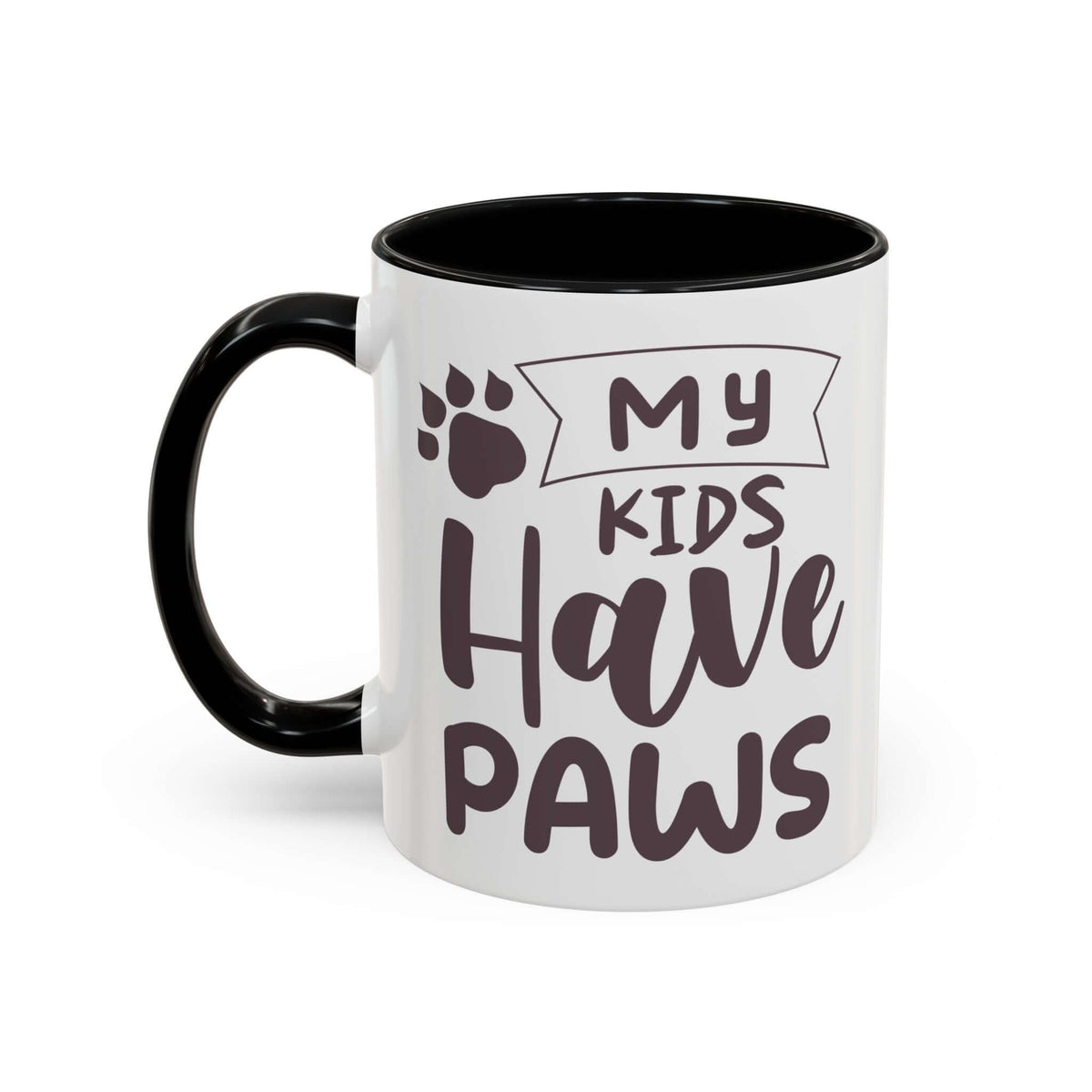 My Kids Have Paws Mug for pet parents featuring warm lettering and paw print design.