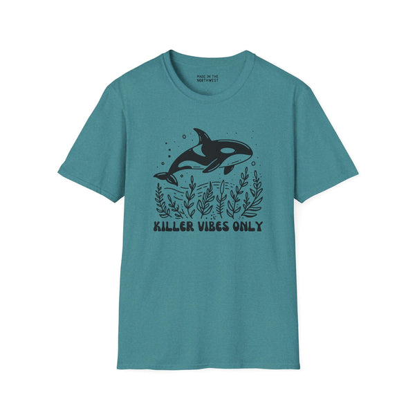 Killer Vibes Only Orca Whale t-shirt, featuring a bold orca graphic on a teal background, perfect for ocean lovers.