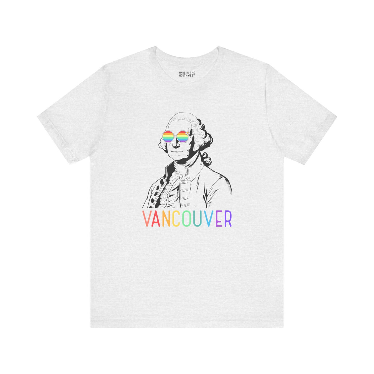 Vancouver Pride tee with rainbow lettering and George Washington in rainbow glasses, celebrating inclusivity and heritage.