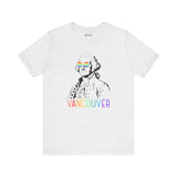 Vancouver Pride tee with rainbow lettering and George Washington in rainbow glasses, celebrating inclusivity and heritage.